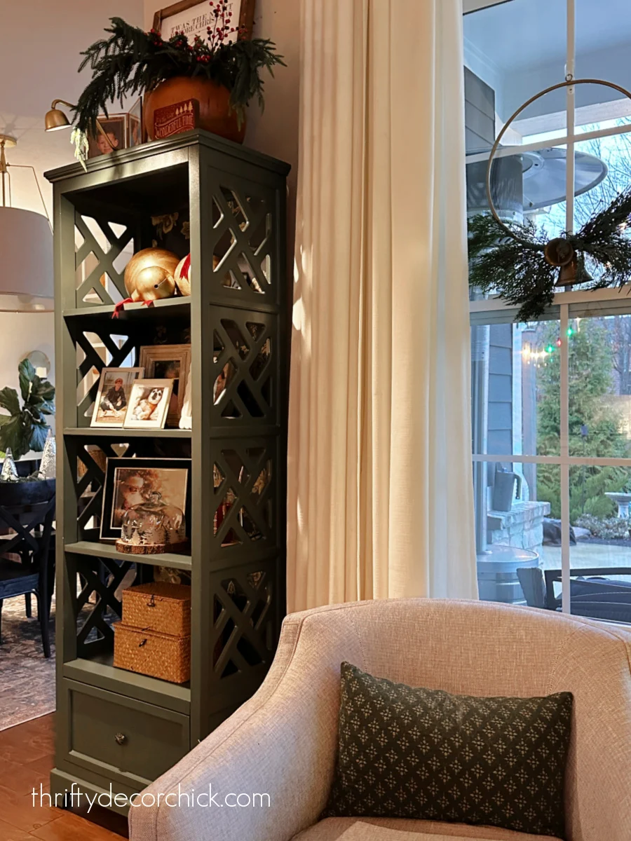 skinny green bookcase with cut outs